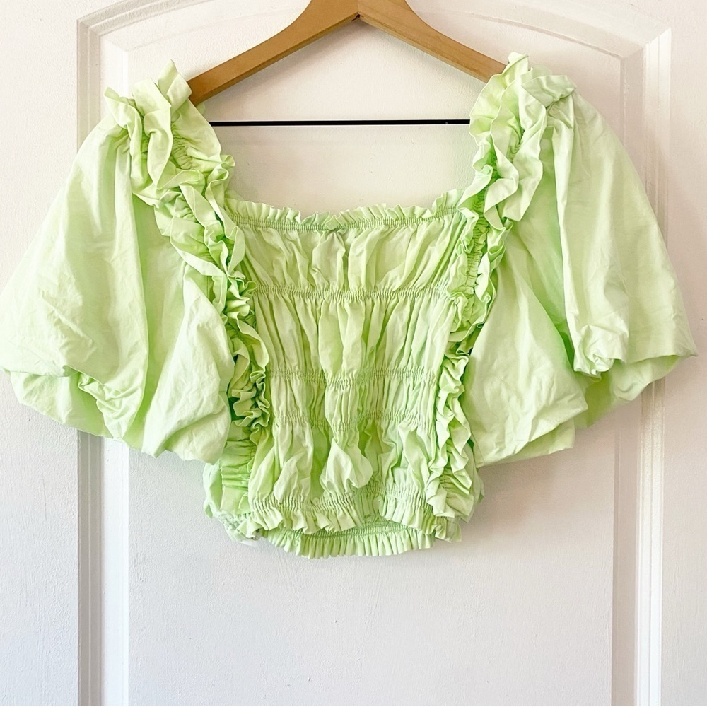 ZARA Lime Green Voluminous Poplin Ruched Crop Top - Picture 10 of 12